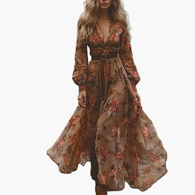 Damen Boho Maxikleid mit Blumenstickerei und langen Ärmeln – Elegantes Freizeitkleid für Frühling, Sommer & Herbst