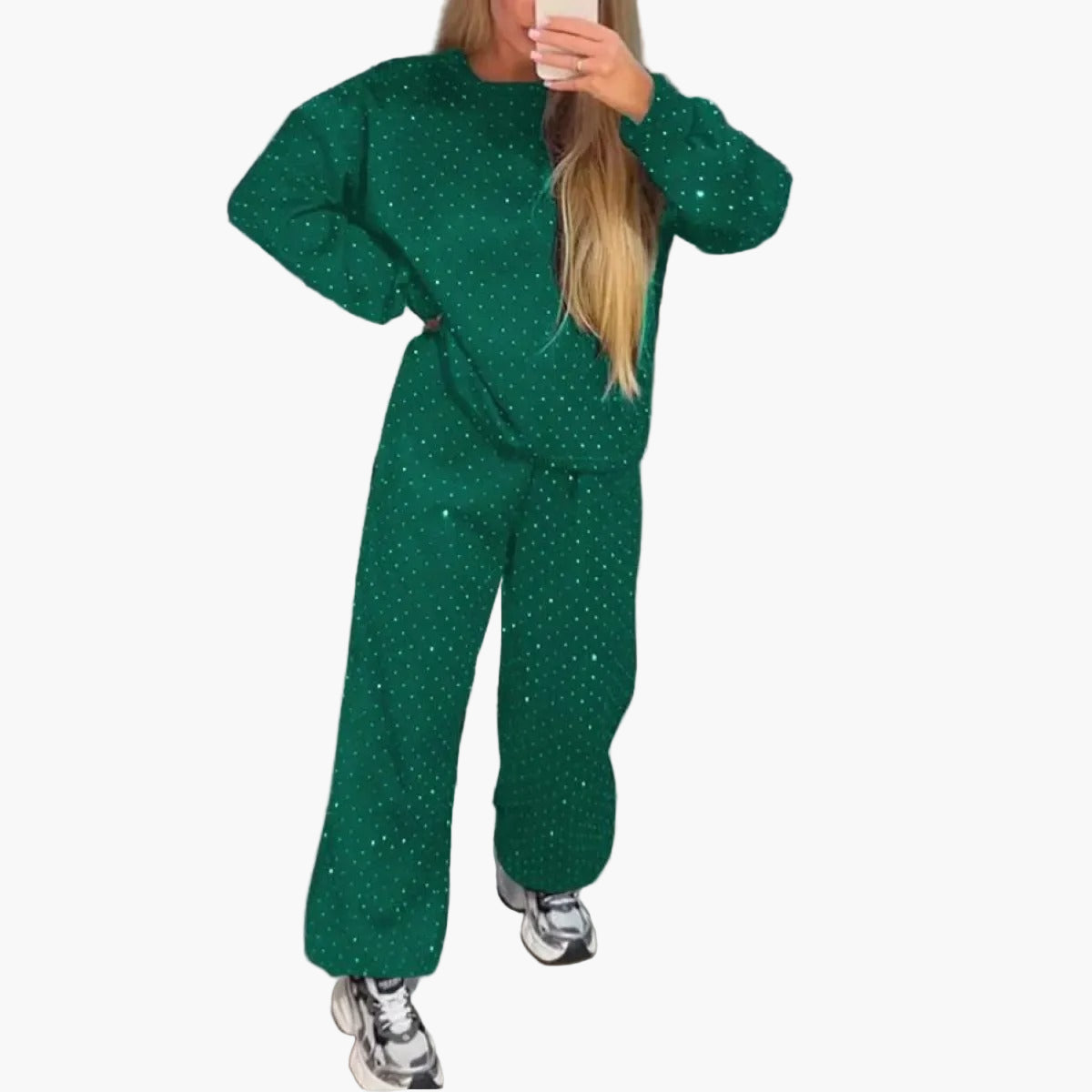 Women's Casual Two-Piece Set with Rhinestones – Comfortable Oversize Outfit for Everyday and City