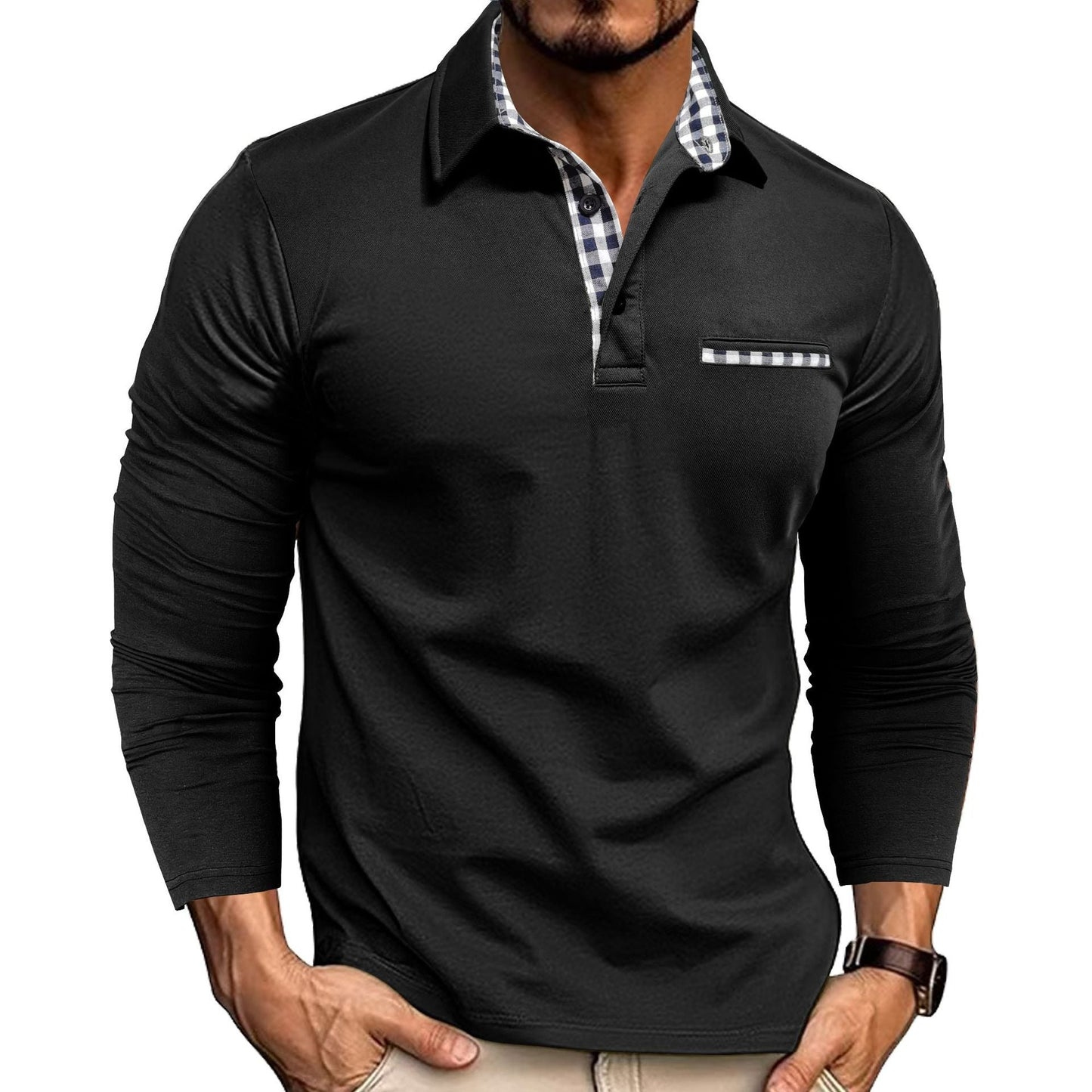 Men's long-sleeve polo shirt with check details – elegant casual look for any occasion
