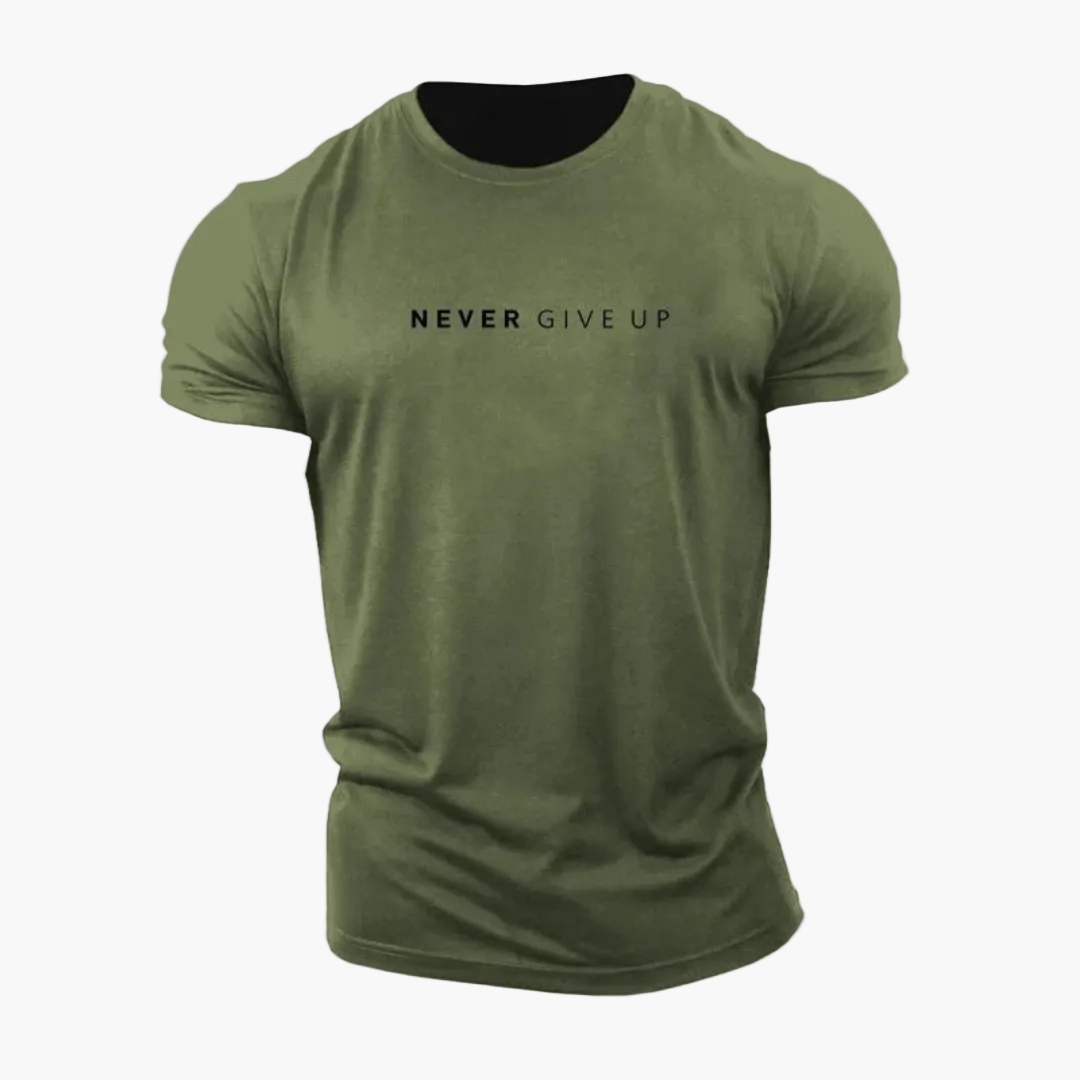 Men's Patterned Shirt with Statement Print "NEVER GIVE UP" – Modern Leisure and Exercise Shirt