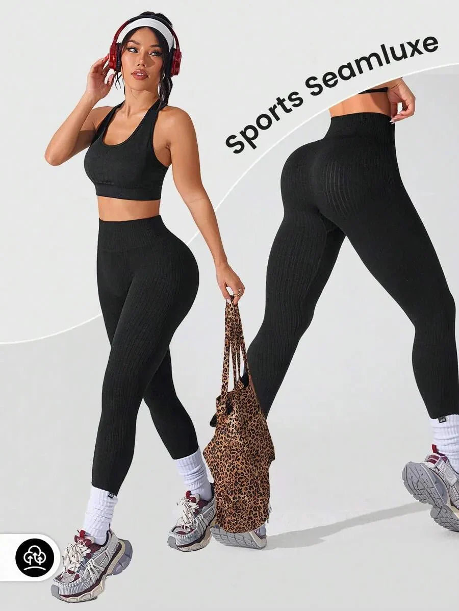 Women's Seamless Ribbed Leggings – Sporty High Waist Yoga Exercise Pants