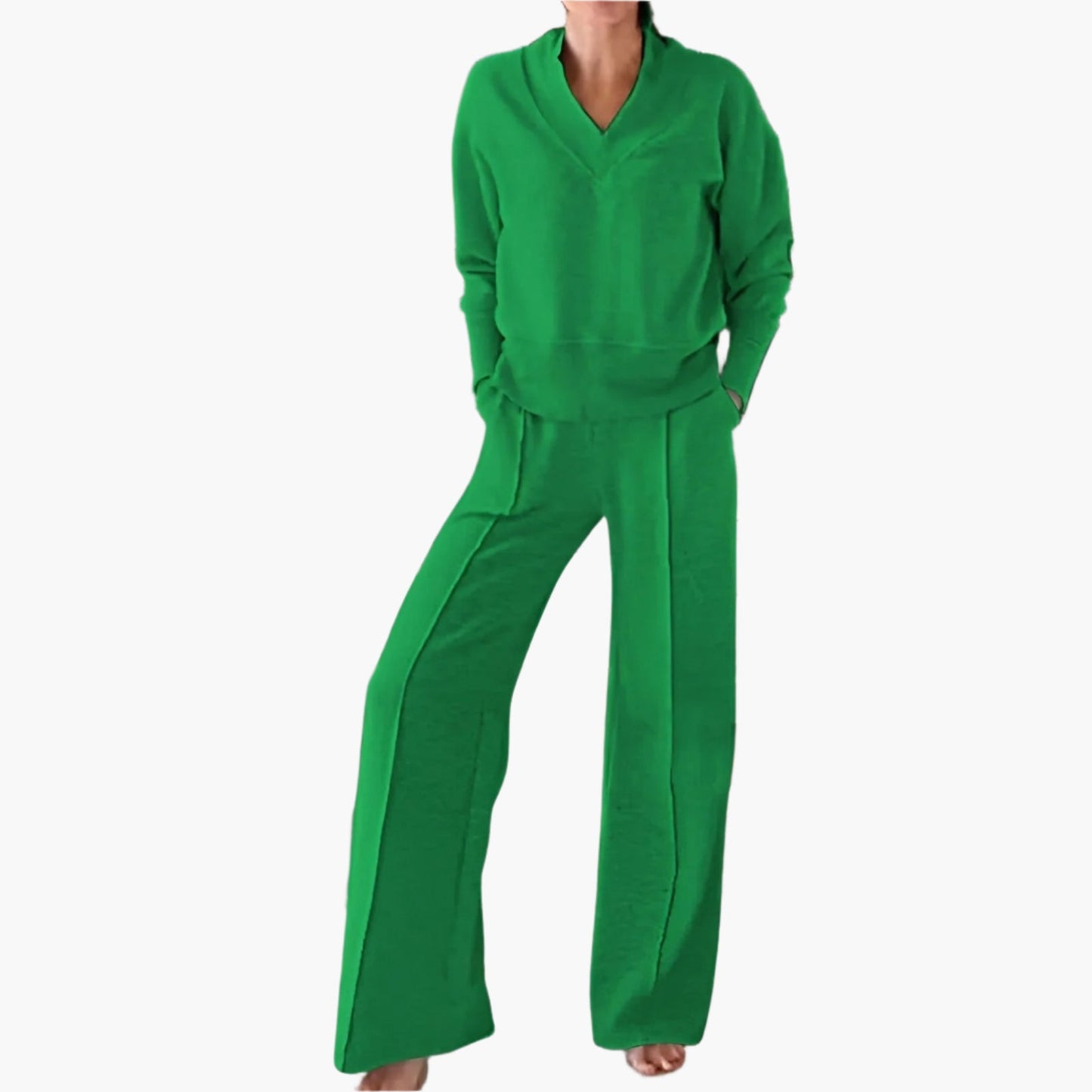 Damen Lounge- und Sportanzug Zweiteiler – Modischer Freizeitlook mit weitem Bein und V-Ausschnitt