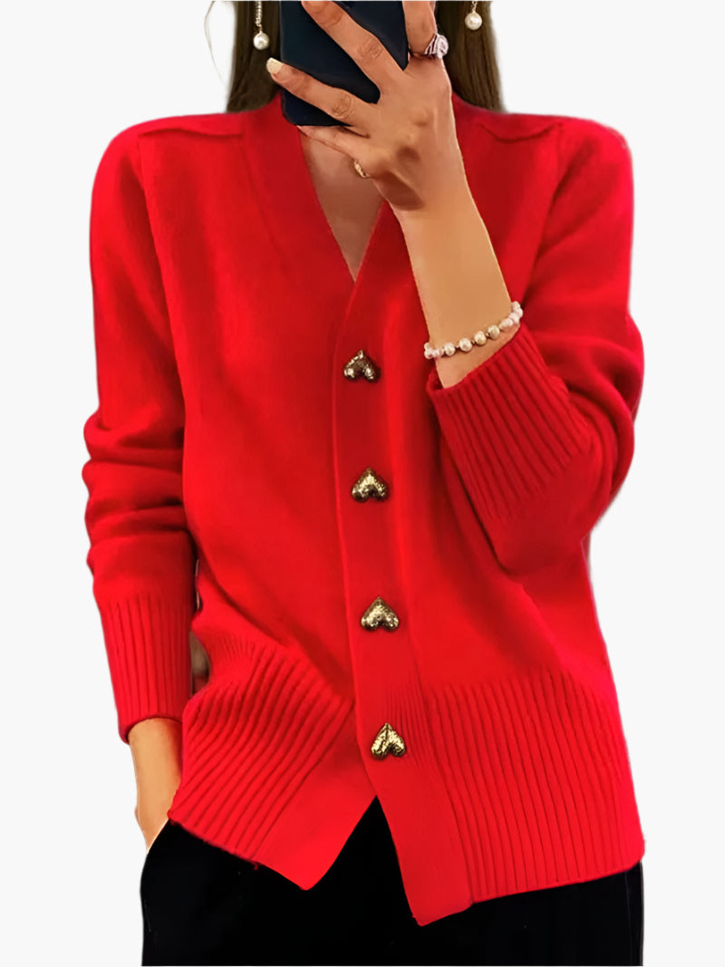 Damen Cardigan Strickjacke mit Herzknöpfen – Eleganter Herbst/Winter Look für Alltag & Büro