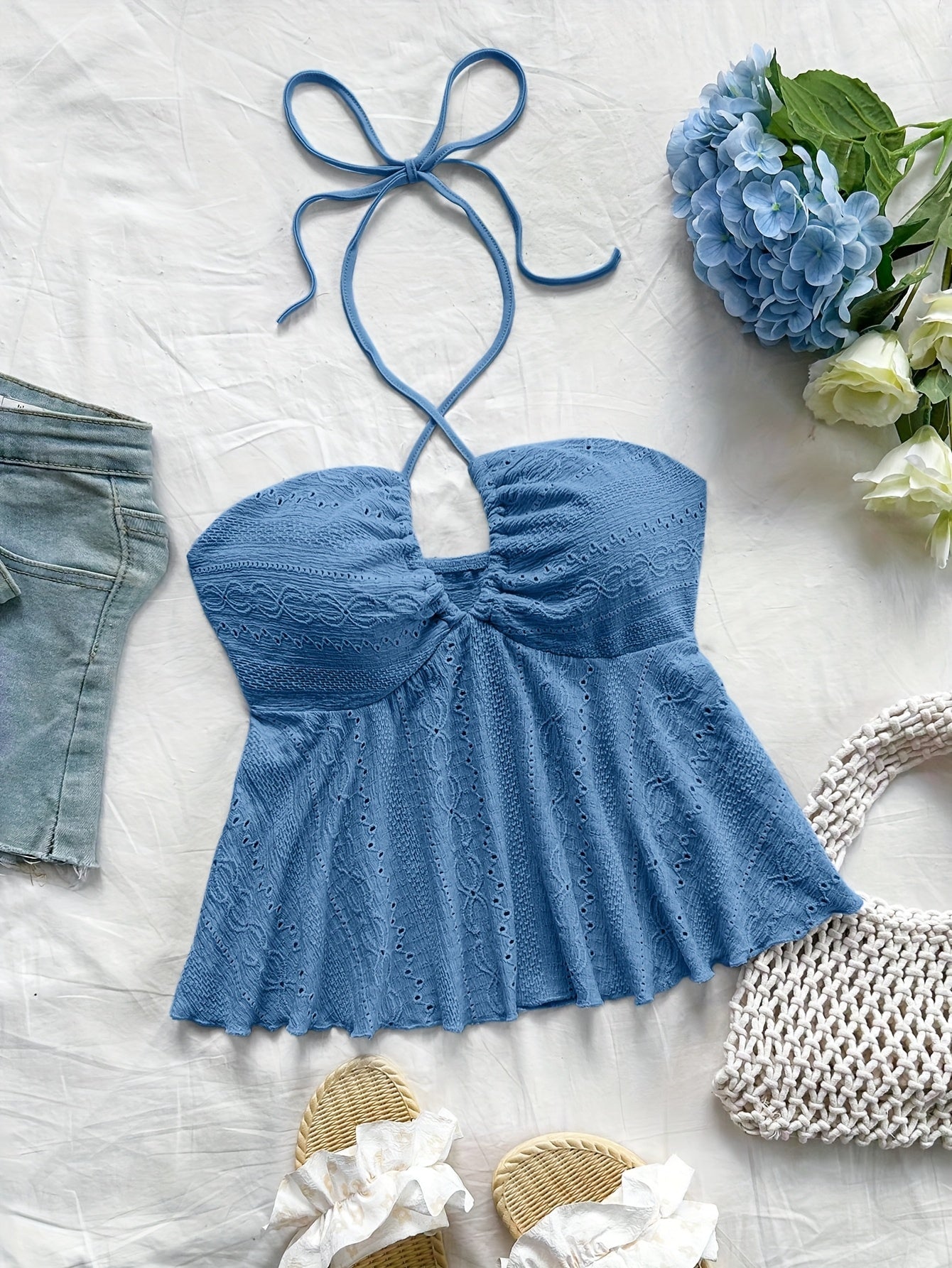 Women's Vintage Halter Babydoll Top with Embroidery – Summer Casual Top