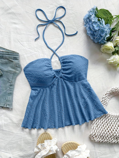 Women's Vintage Halter Babydoll Top with Embroidery – Summer Casual Top
