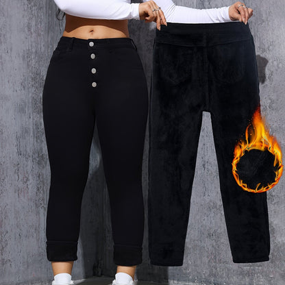 Damen Skinny Jeans Schwarz mit Knopfleiste Hoher Bund Gefüttert