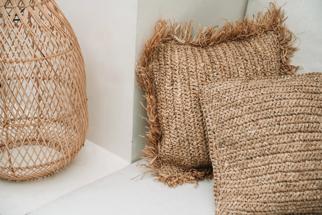 Kussenhoes raffia Flores naturel boho 40 x 40 cm, vierkant, handgeweven, zonder binnenkussen
