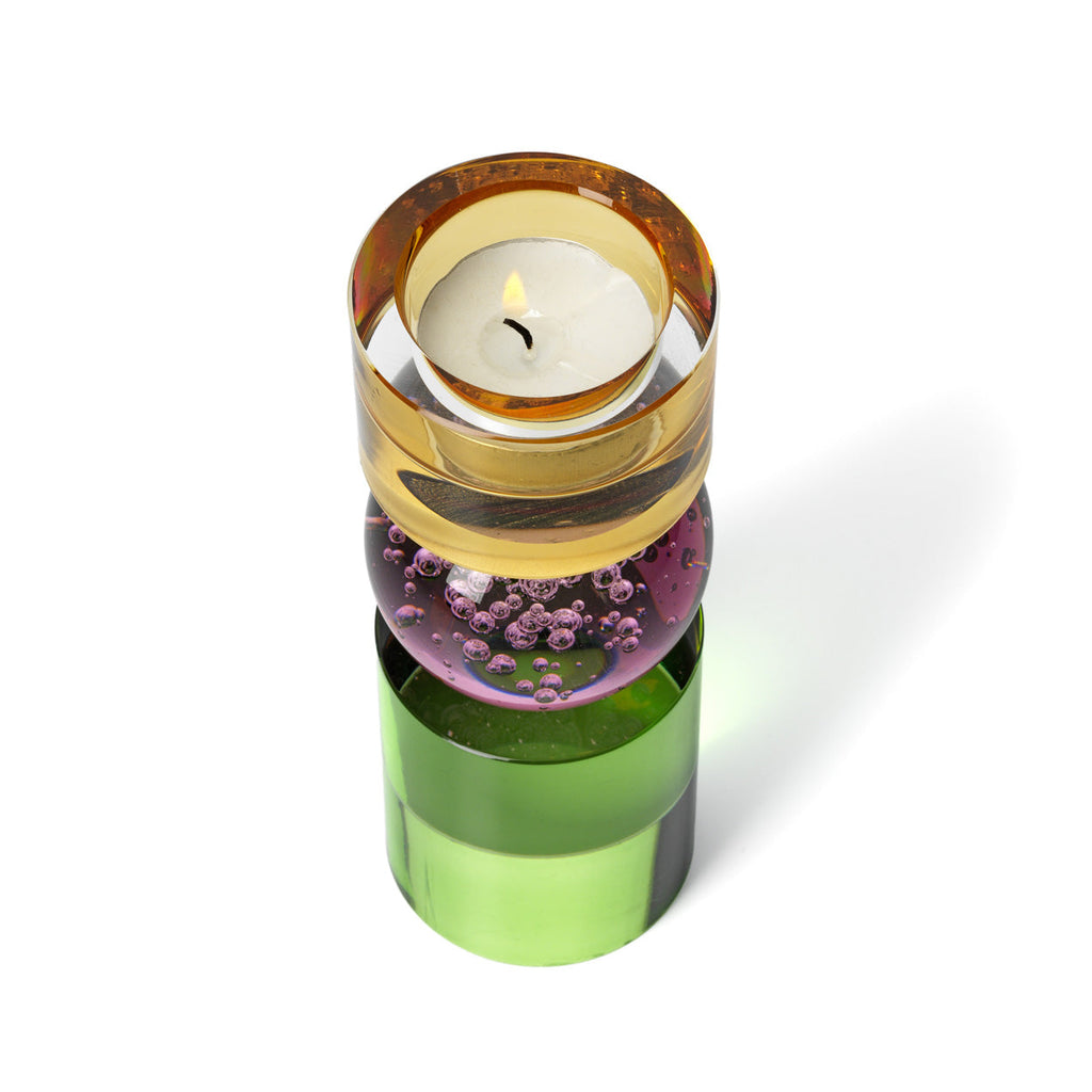 Kandelaar gerecycled glas Solar Jewel hoog, groen, lila en amber – 6 x 6 x 16 cm