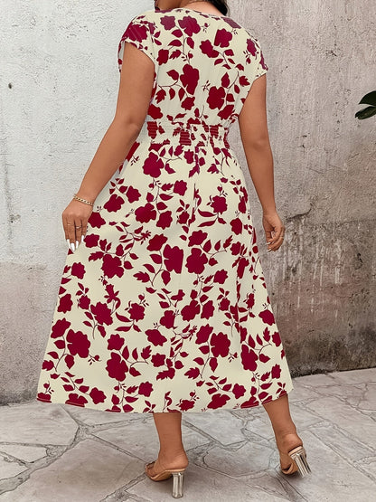 Women's Elegant Midi Dress with Floral Pattern and V-Neck for Casual and Special Occasions