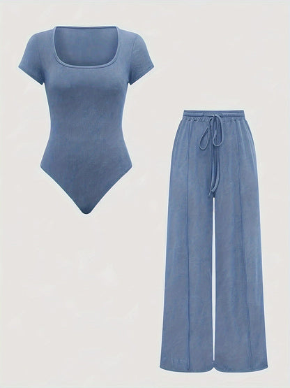 Women's One-Piece Set with Square Neck Bodysuit and Wide Pants, Casual & Everyday