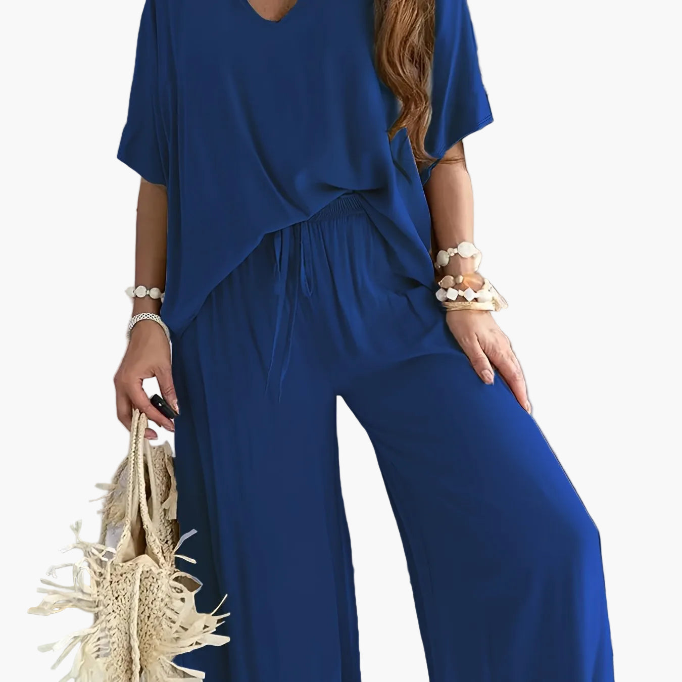 Women's Loose Lounge Pants & V-Neck Blouse Set – Elegant Casual Outfit for Everyday and Vacation