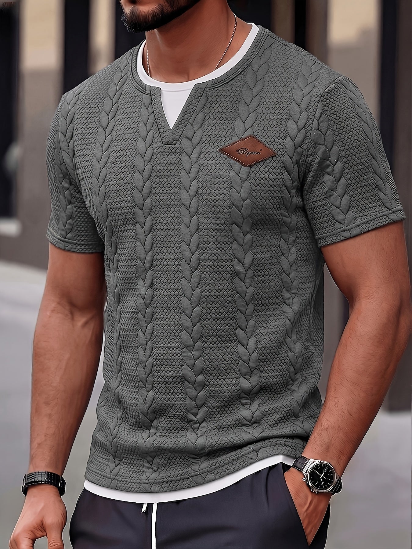 Men's Short-Sleeve Knit T-Shirt with Cable Pattern – Fashionable Casual Shirt for Summer & Everyday Wear