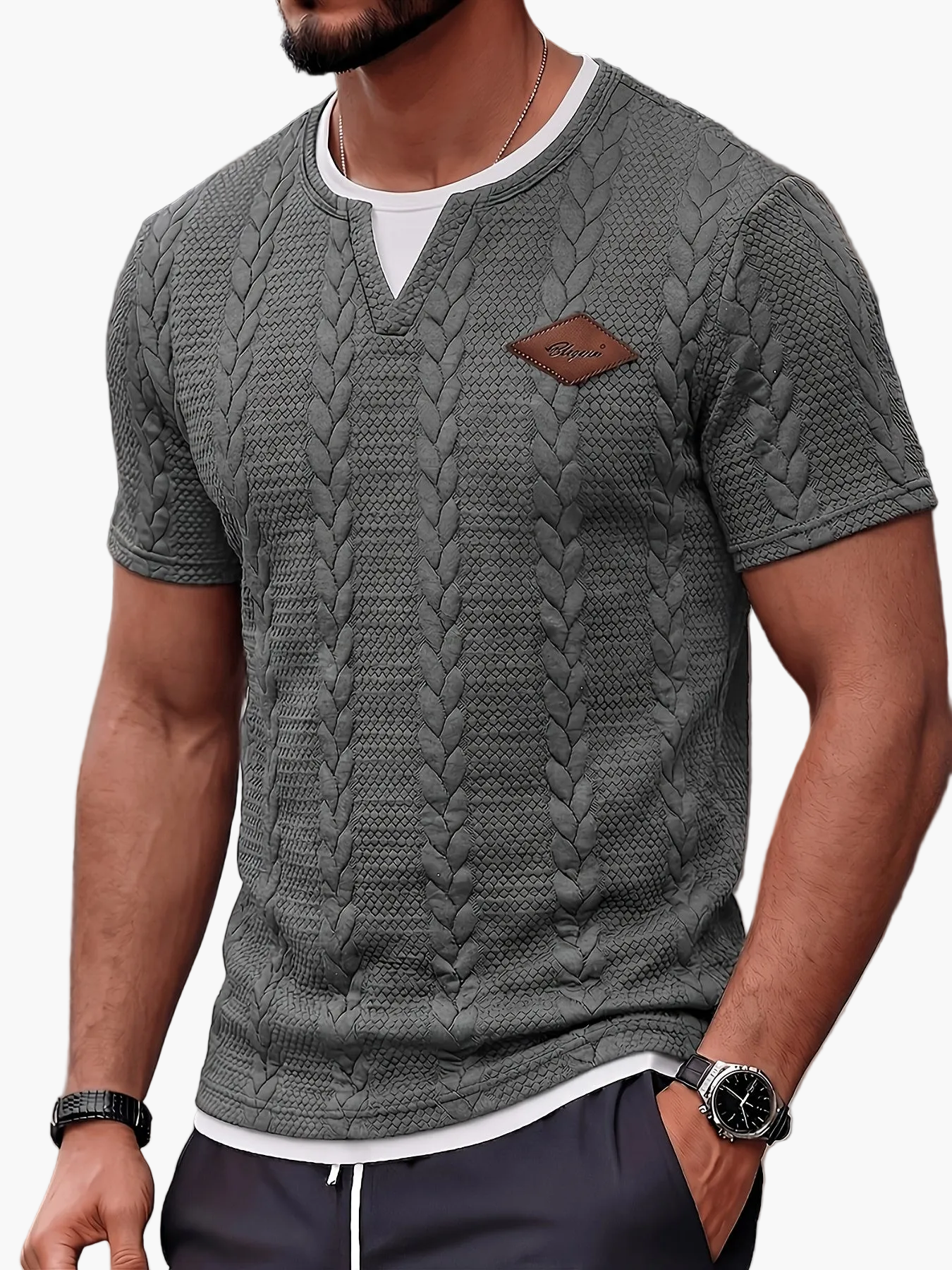 Men's Short-Sleeve Knit T-Shirt with Cable Pattern – Fashionable Casual Shirt for Summer & Everyday Wear
