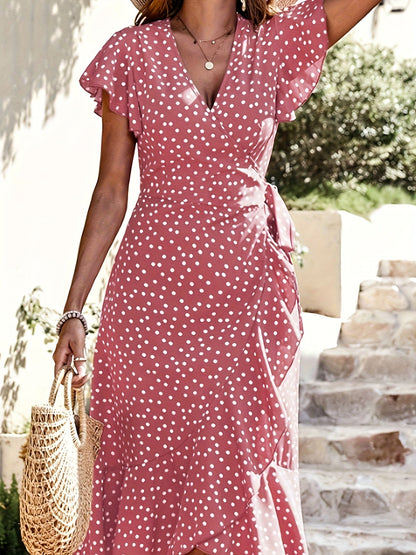 Women's Wrap Dress with Polka Dots and Ruffle Sleeves – Elegant Summer Look for Everyday and Leisure