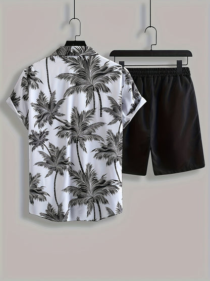 Herren Sommer-Set Kurzarm Hawaiihemd und Shorts – Palmenmuster, Freizeit, Urlaub, Strandmode