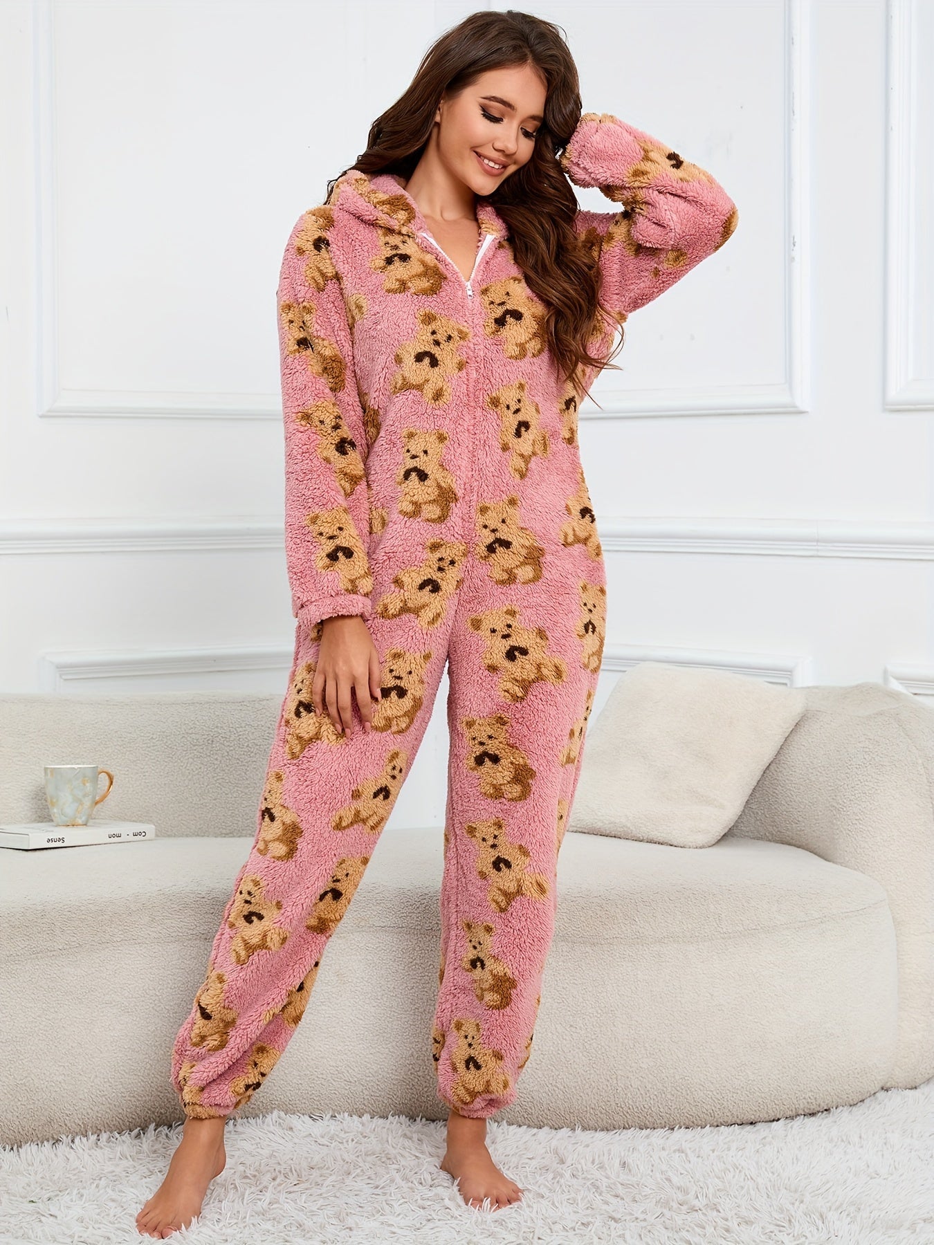 Women's fluffy sleep jumpsuit with zipper, hood, and bear pattern