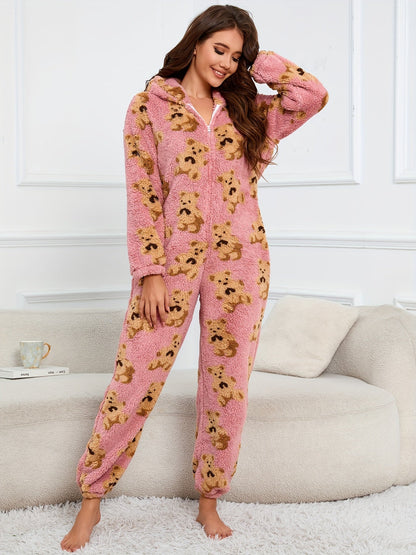 Women's fluffy sleep jumpsuit with zipper, hood, and bear pattern