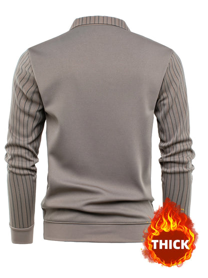 Men's long-sleeve shirt with a V-neck, sweater-style look, and striped sleeves