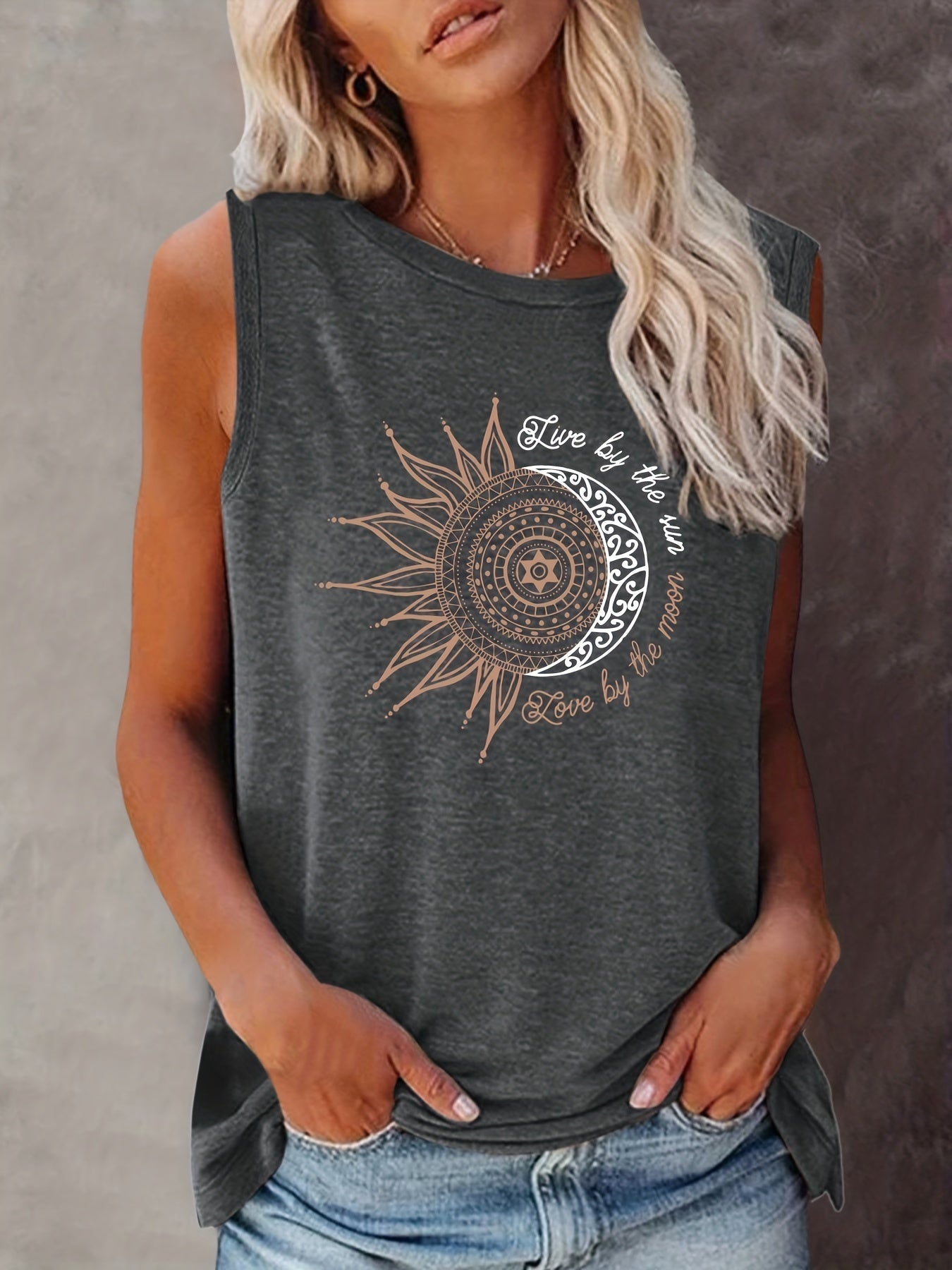 Women's Boho-Style Tank Top with Sun and Moon Print – Summer Casual Shirt