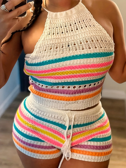 Women's Y2K Knit Set with Halterneck Top and Shorts – Colorful Stripes, Summer Casual Outfit