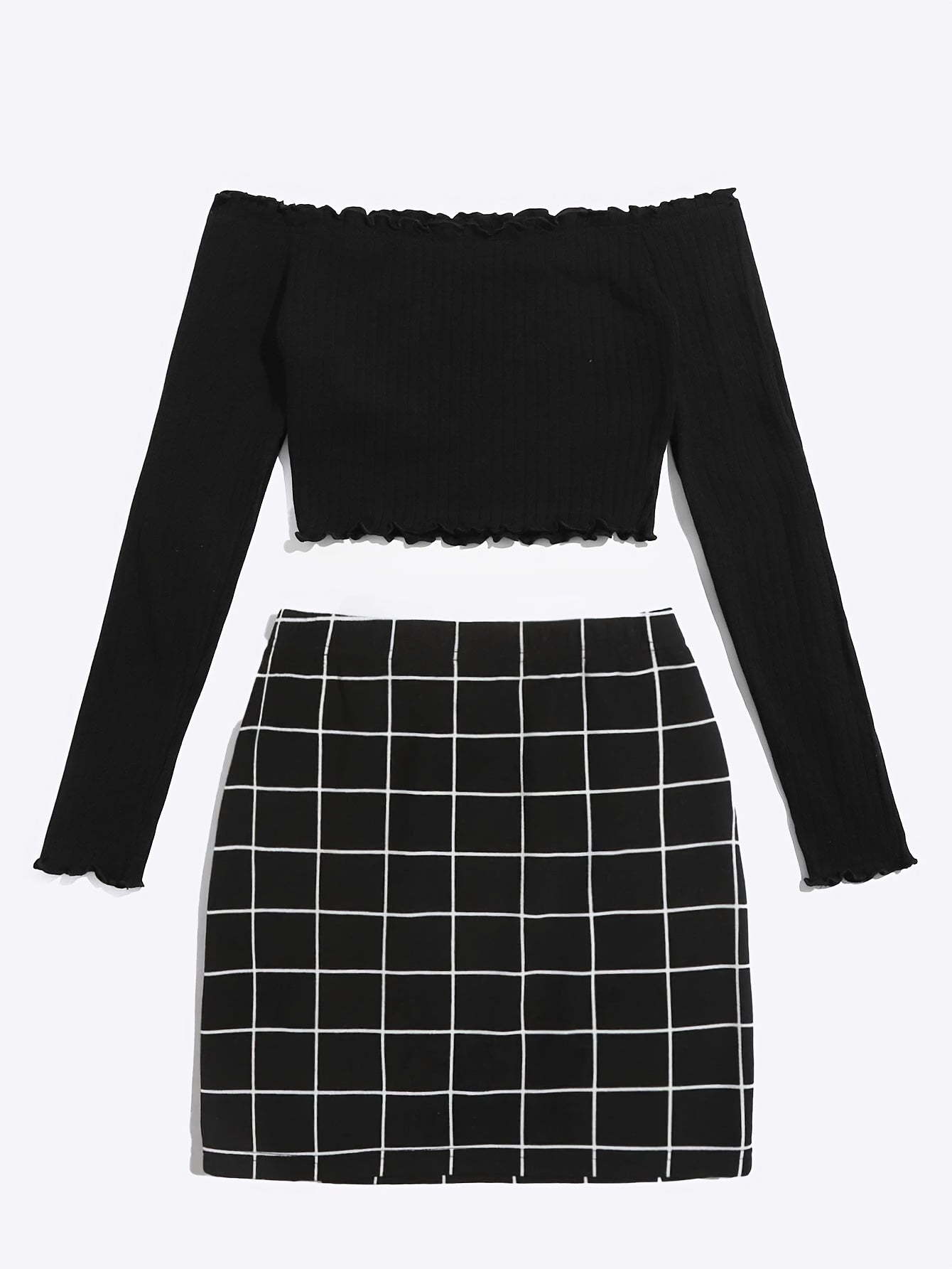 Women's Off-Shoulder Set with Long-Sleeve Shirt and Plaid Skirt – Fashionable Outfit for Everyday and Leisure