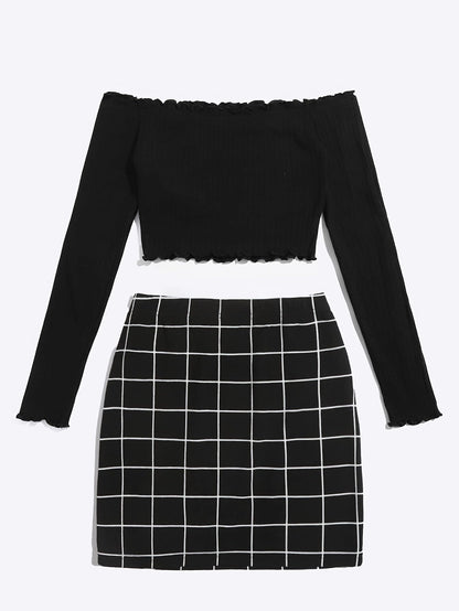 Women's Off-Shoulder Set with Long-Sleeve Shirt and Plaid Skirt – Fashionable Outfit for Everyday and Leisure