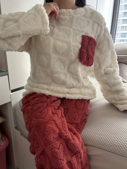 Kuscheliger Schlafanzug für Damen, zweiteilig, weich, mit Herzmuster, Plüsch