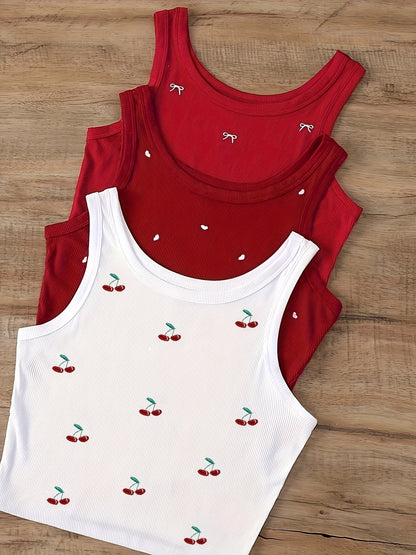 Women's Crop Top with Cherry Embroidery and Denim Shorts – Summer Casual Outfit