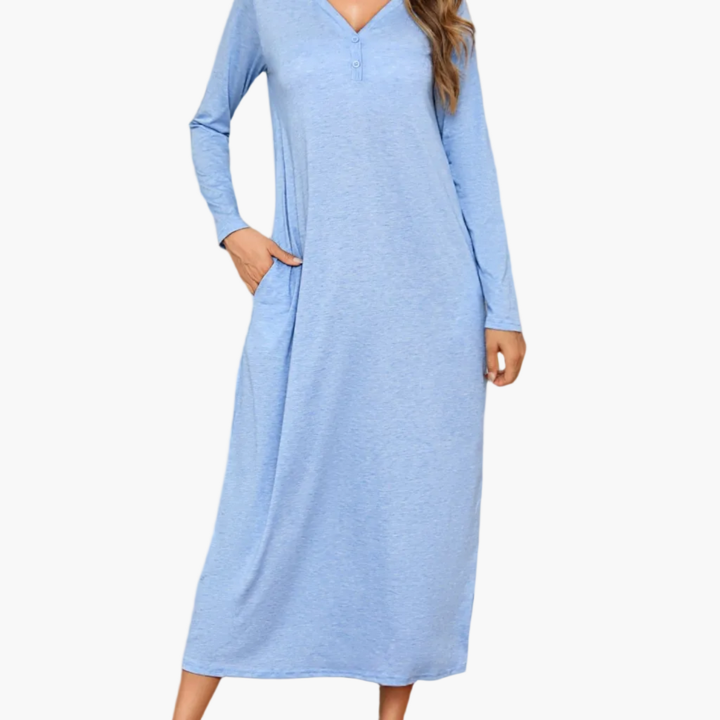 Women's Casual Long-Sleeve House Dress with V-Neck and Button Placket – Comfortable Relaxation and Loungewear Dress