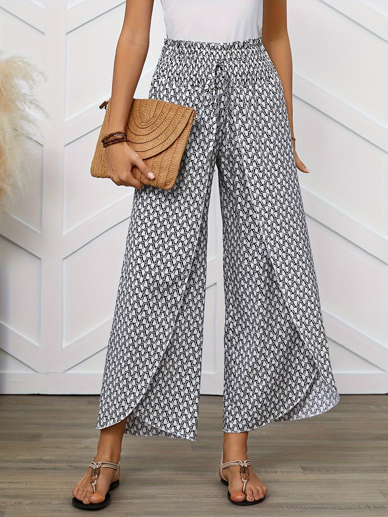 Women's Elegant Wide-Leg Wrap Pants with Geometric Pattern for Spring and Summer