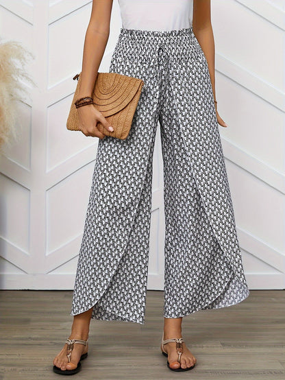 Women's Elegant Wide-Leg Wrap Pants with Geometric Pattern for Spring and Summer