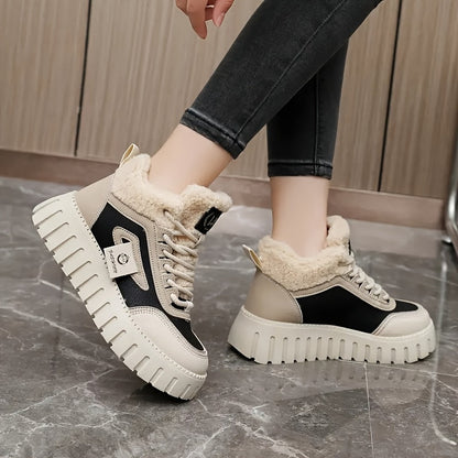 Women's beige and black platform sneakers with lining