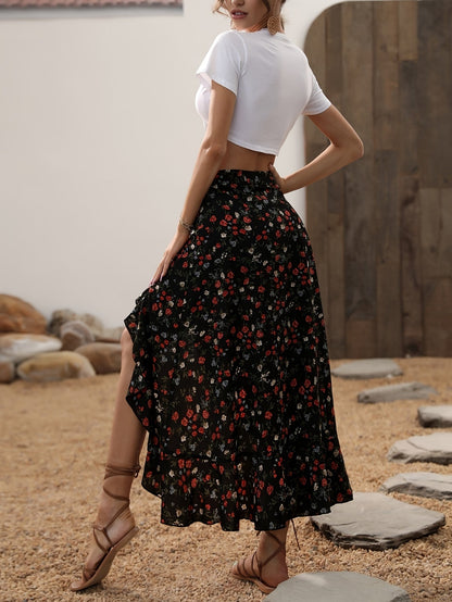 Women's Maxi Skirt with Floral Pattern, Elegant Summer Skirt, High Slit, Perfect for Leisure and Vacation