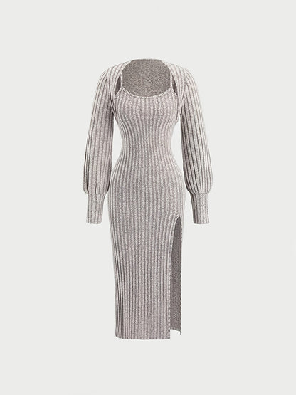 Women's ribbed spaghetti-strap dress and bolero knit set with side slit