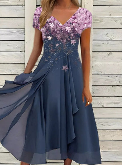 Damen Elegantes Chiffon Midikleid mit Blumenmuster und A-Linie für besondere Anlässe