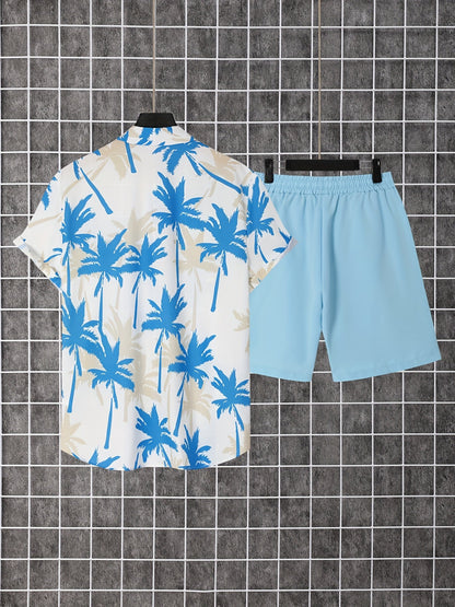 Herren Sommer Strand Set – Palmen Print Kurzarmhemd und Shorts, Freizeit Outfit