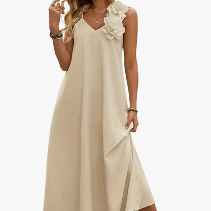 Women's Elegant Maxi Dress with V-Neck and Floral Applique – Perfect for Summer Parties and Garden Gatherings