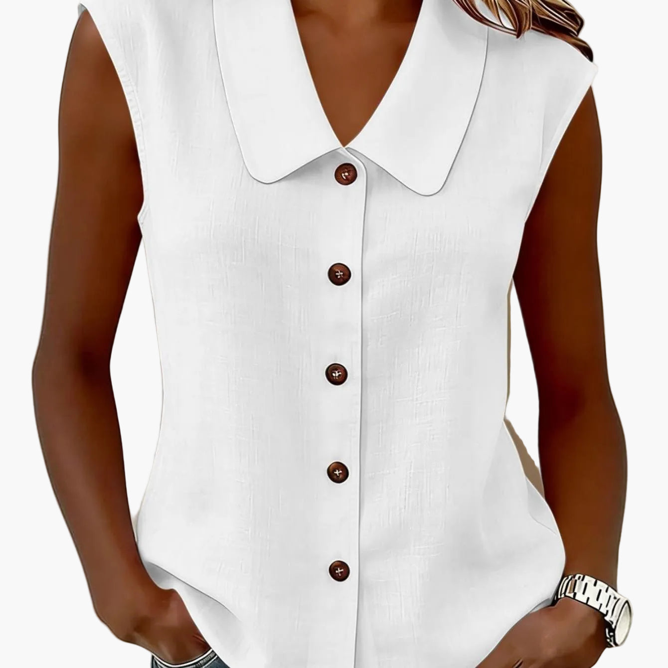 Women's sleeveless blouse with button placket and wide collar – Elegant casual wear