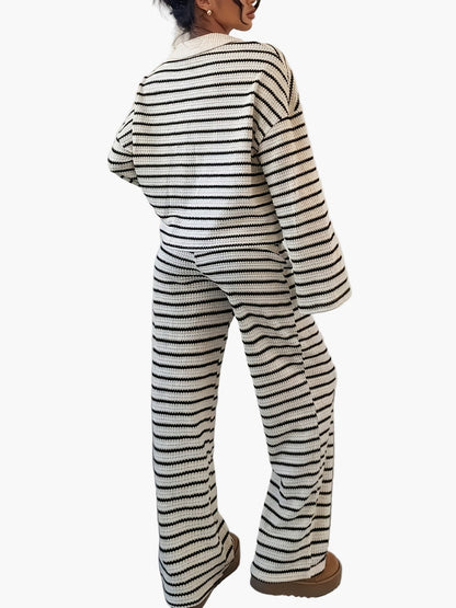 Women's Knit Two-Piece Set – Striped Casual Look for Autumn & Winter, Elegant & Comfortable
