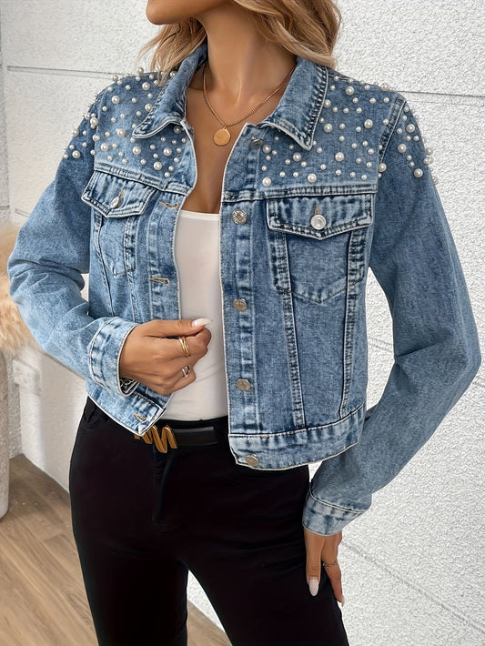 Women's light blue denim jacket with pearl trim, cropped fit