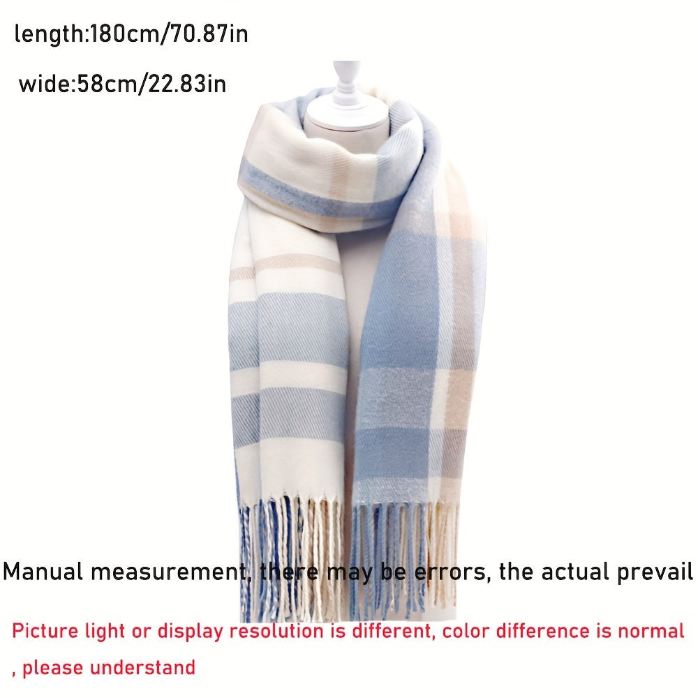 Plaid Scarf with Fringes – Soft & Warm, Pink-Gray-White