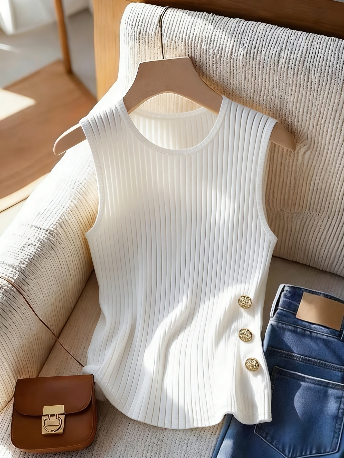 Damen Rippstrick Tanktop mit Knopfdetails – Eleganter Alltags- und Freizeit-Look