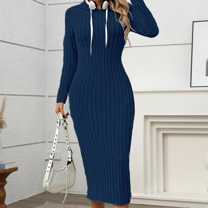 Ribbed midi dress for women, long-sleeve hooded dress