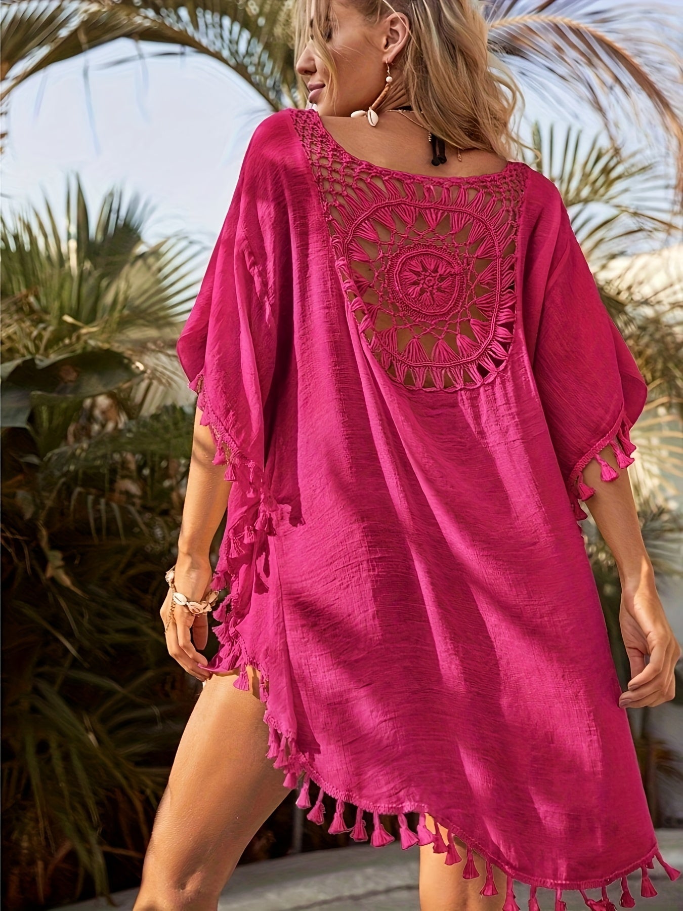 Women's Boho Tunic Beach Dress with Crochet Lace and Tassels – Perfect as a Summer Beach Cover-Up