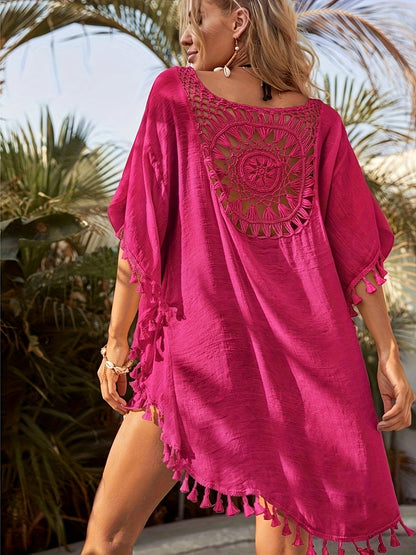 Women's Boho Tunic Beach Dress with Crochet Lace and Tassels – Perfect as a Summer Beach Cover-Up