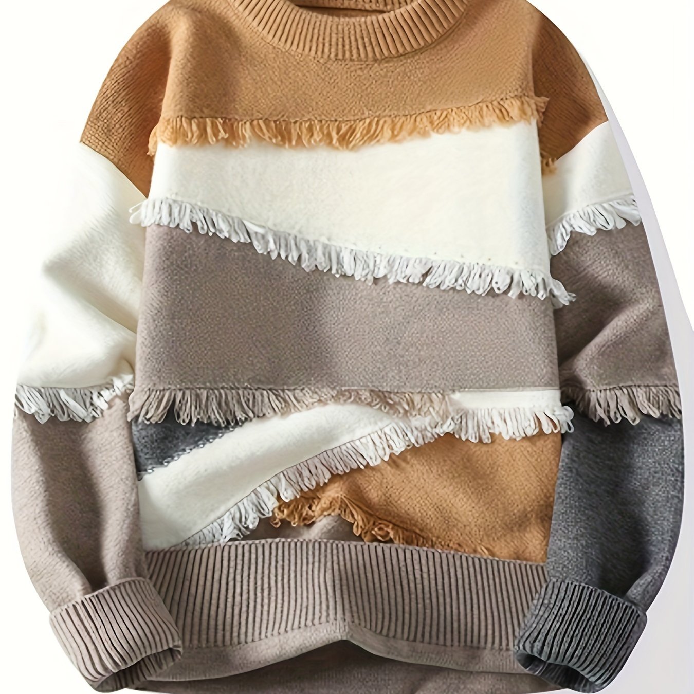 Unisex long-sleeve pullover with color-block design, fringe, and crew neck