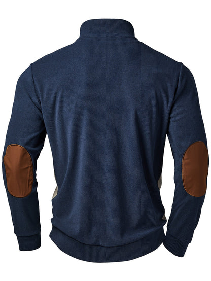 Men’s sweater, knit-look, stand-up collar, button placket, navy blue, beige