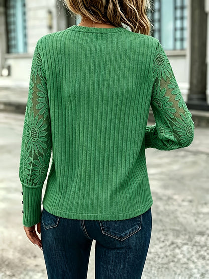 Women's rib-knit sweater with lace sleeves and a crew neck
