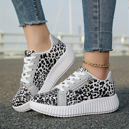 Women's Platform Sneakers with Leopard Print and Zipper – Fashionable Casual Shoes for Everyday and Street Style