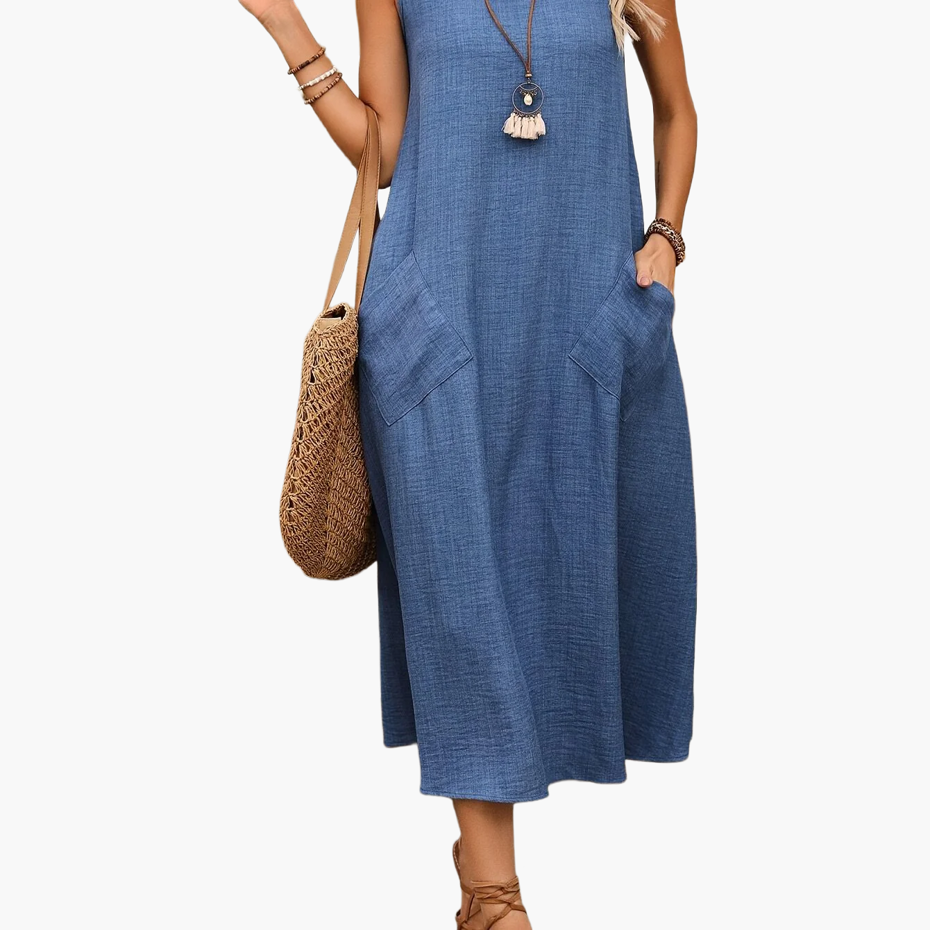 Damen Freizeitkleid ärmellos, lockerer Schnitt, Sommerkleid mit Taschen, Tunika-Stil, ideal für Alltag & Urlaub